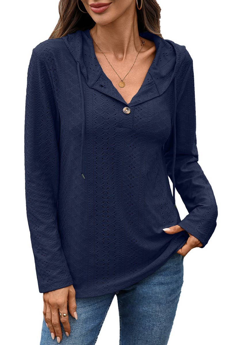 CWTTL01000_SOLID COLOR BUTTON HOODED LOOSE LONG-SLEEVED TOP