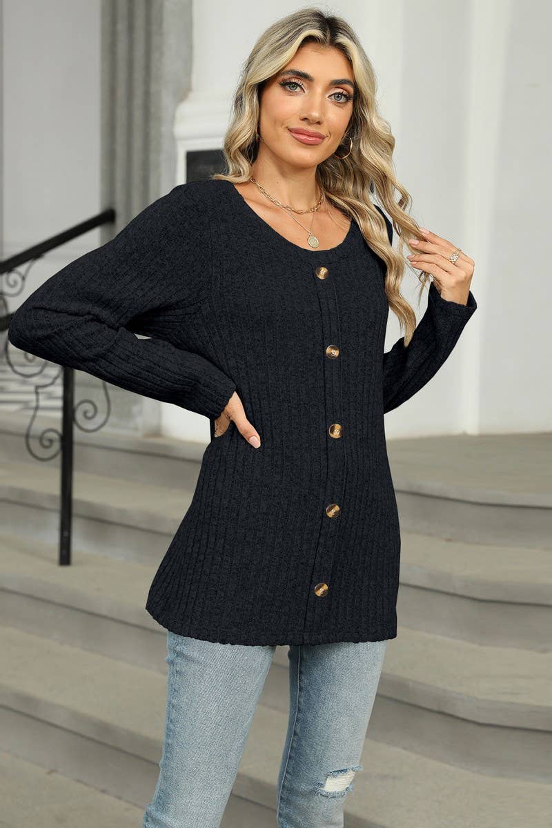CWOSWL6831_SINGLE-BREASTED ROUND NECK LONG-SLEEVED LOOSE TOP