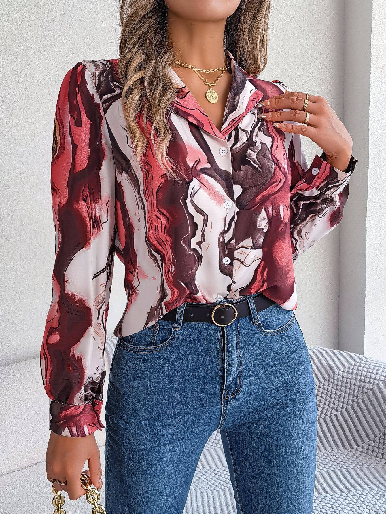 Casual striped suit collar long-sleeved shirt