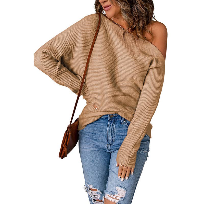 Bat-sleeved line-neck slant shoulder loose knit sweater