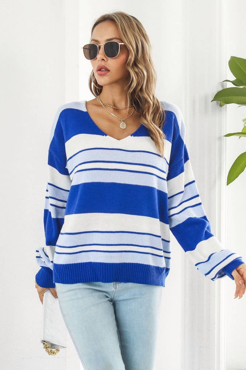 CWOSWL4085_STRIPED GRADIENT V-NECK LONG SLEEVE KNIT SWEATER