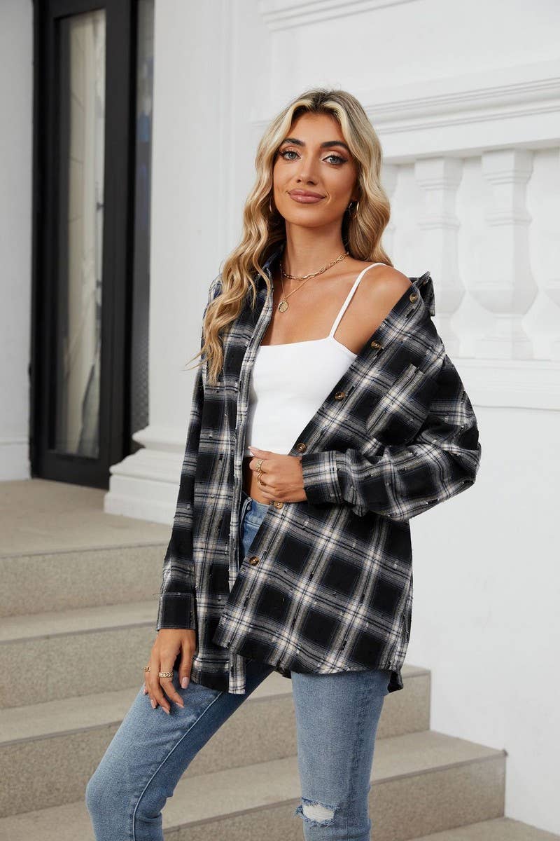 CWTSTL2063_CROCHET LONG-SLEEVED LOOSE LAPEL PLAID SHIRT