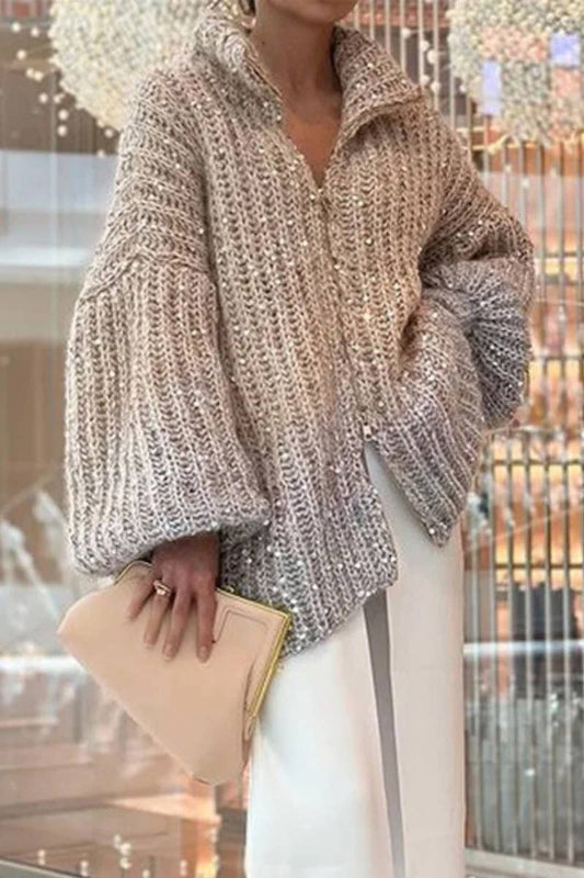 CWOCAL2181_STYLISH SEQUIN V-NECK LONG-SLEEVED SWEATER