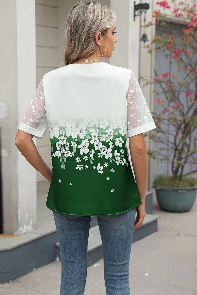 CWTBLS1706_V-NECK PRINTED CHIFFON SHORT-SLEEVED TOP