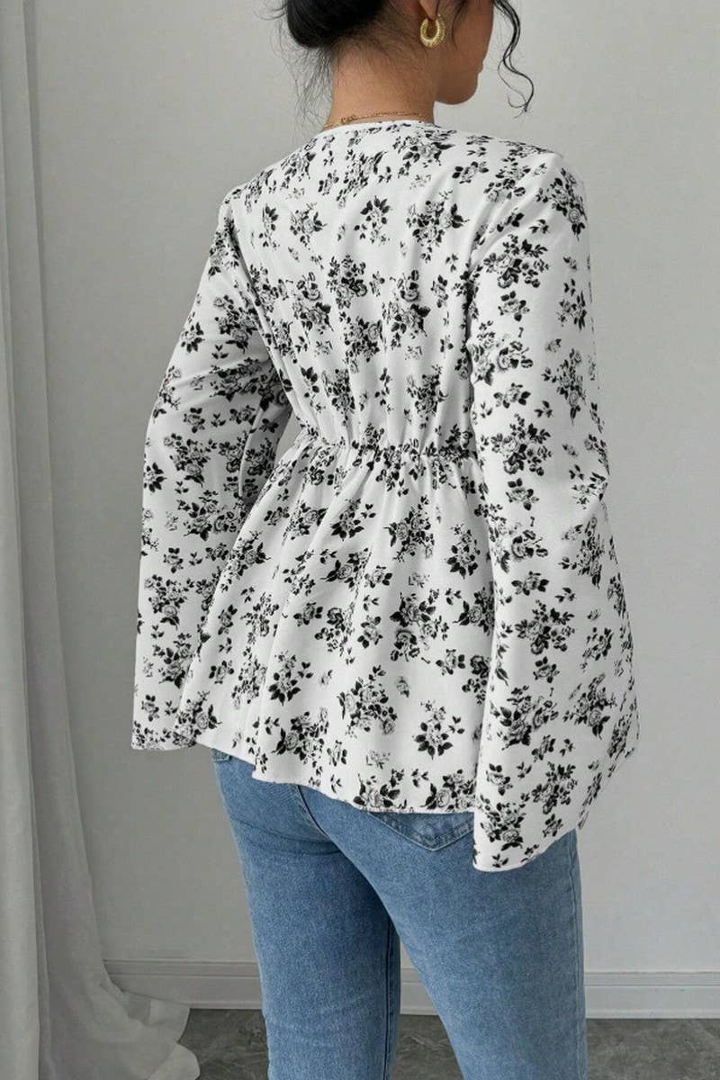 CWTBLL01068_V NECK FLORAL PRINT HIGH WAIST BLOUSE