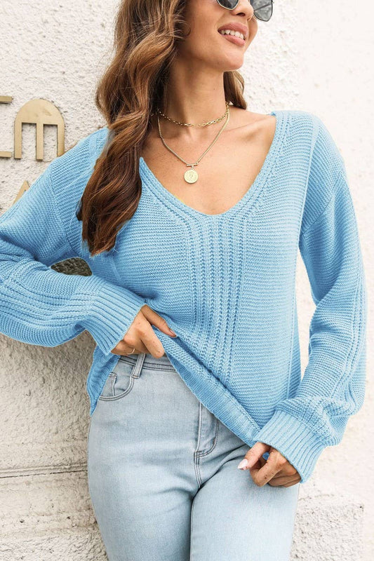 CWOSWL4147_V-NECK SOLID COLOR LOOSE KNITTED SWEATER