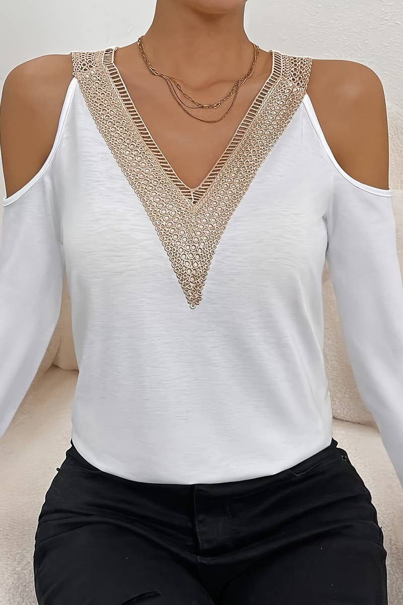 CWTBLL3560_LACE V-NECK OFF-SHOULDER LONG-SLEEVED T-SHIRT TOP