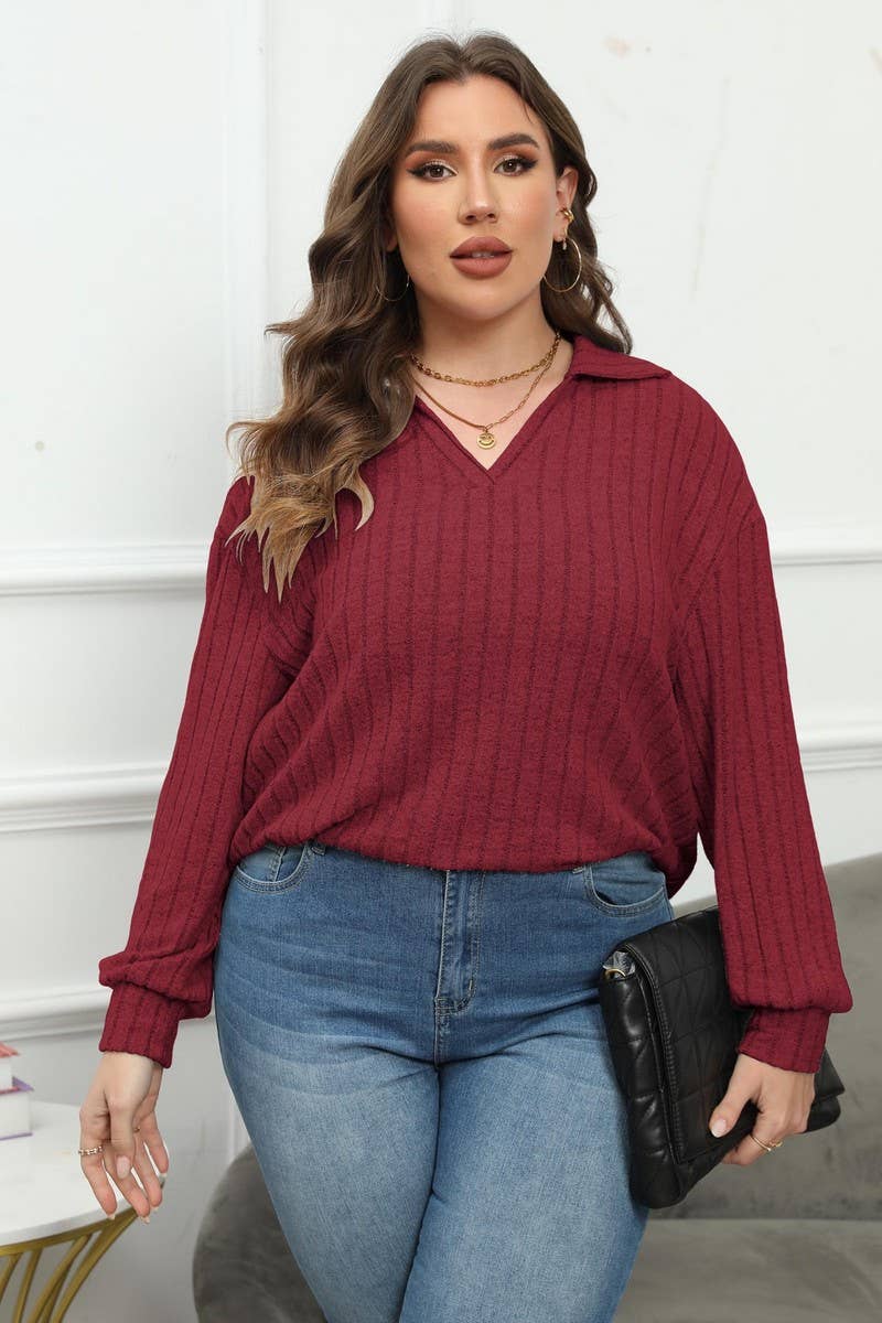 CWTTL1312_PLUS Size Casual Foldover Collar Knit Pullover Top