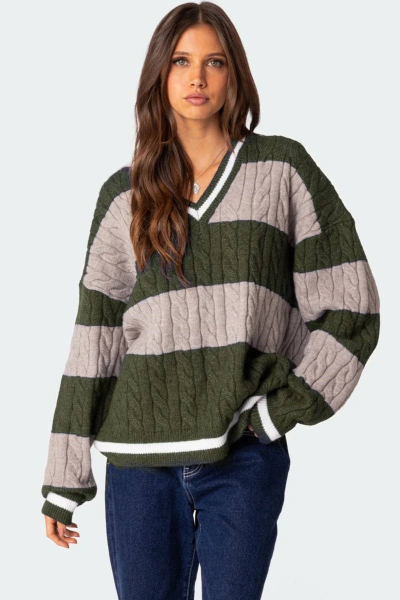 CWOSWL6749_V-NECK STRIPED CONTRAST LOOSE KNIT SWEATER