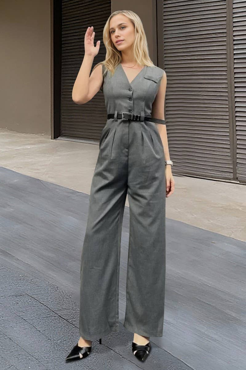 CWSJS1787_SOLID V-NECK BUTTONED SLEEVELESS VEST JUMPSUIT