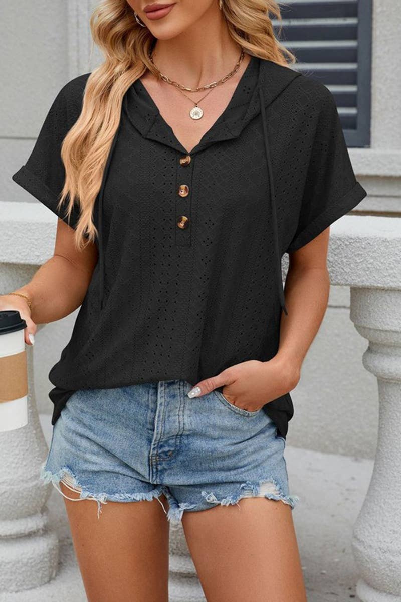 CWTTS1351_SUMMER BUTTON HOODED SHORT-SLEEVED T-SHIRT