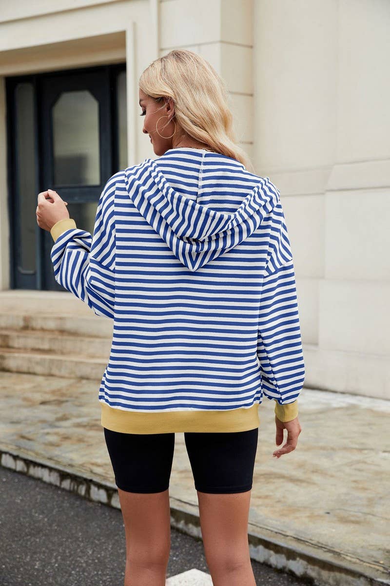 CWOCO0879_CASUAL CONTRAST STRIPE HOODED ZIP-UP SWEATSHIRT