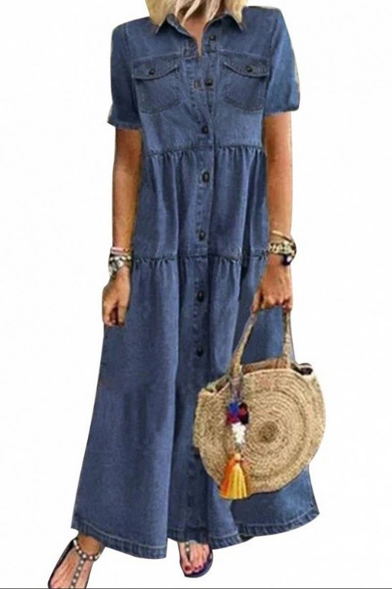 CWDMD6218_DENIM STYLE LONG MULTI-BUTTON DISTRESSED DRESS