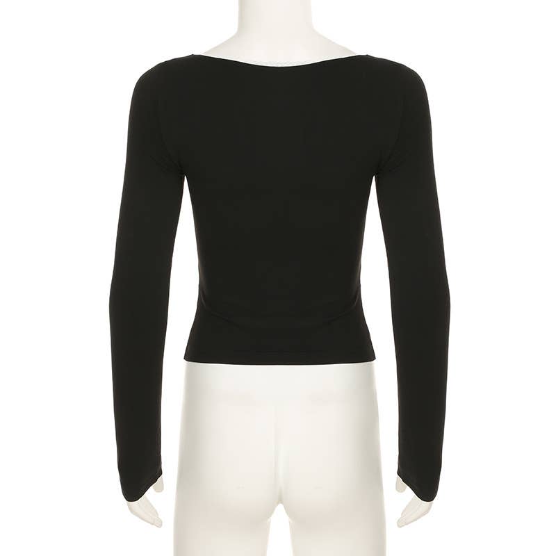 Crew-neck lace patchwork long-sleeved T-shirt