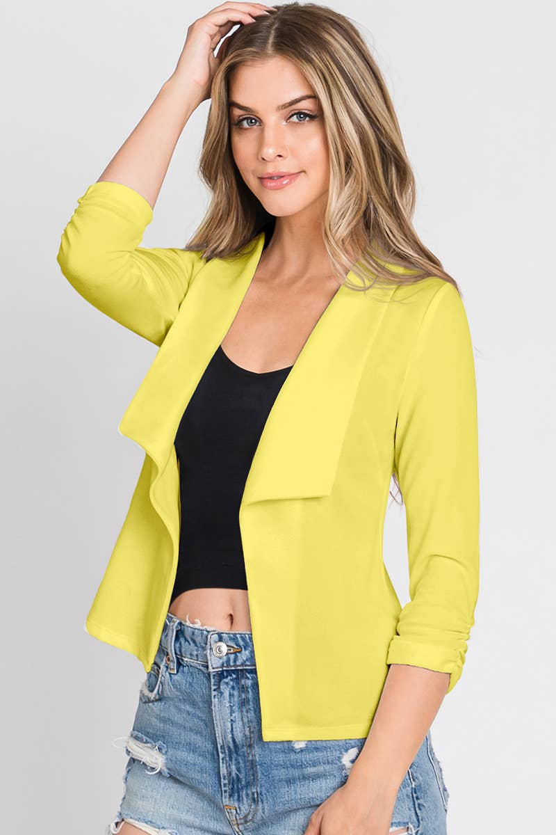 CWOBL101_Casual Work Ruched 3/4 Sleeve Open Front Blazer
