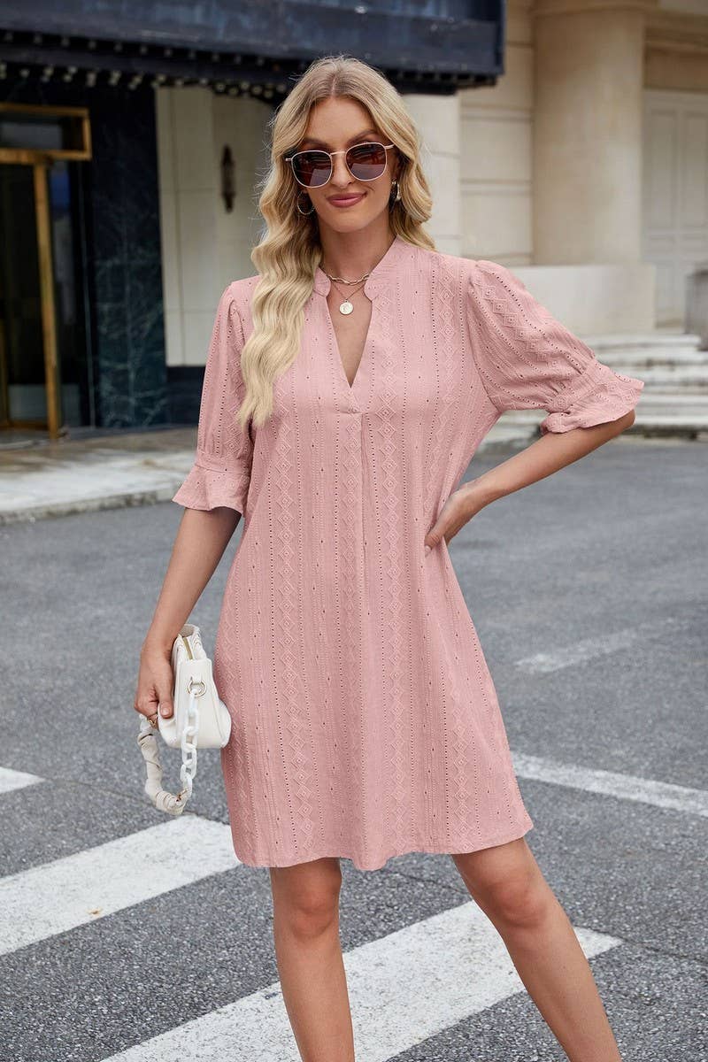 CWDSD7277_V-NECK CASUAL TRUMPET SLEEVE SHORT-SLEEVED DRESS