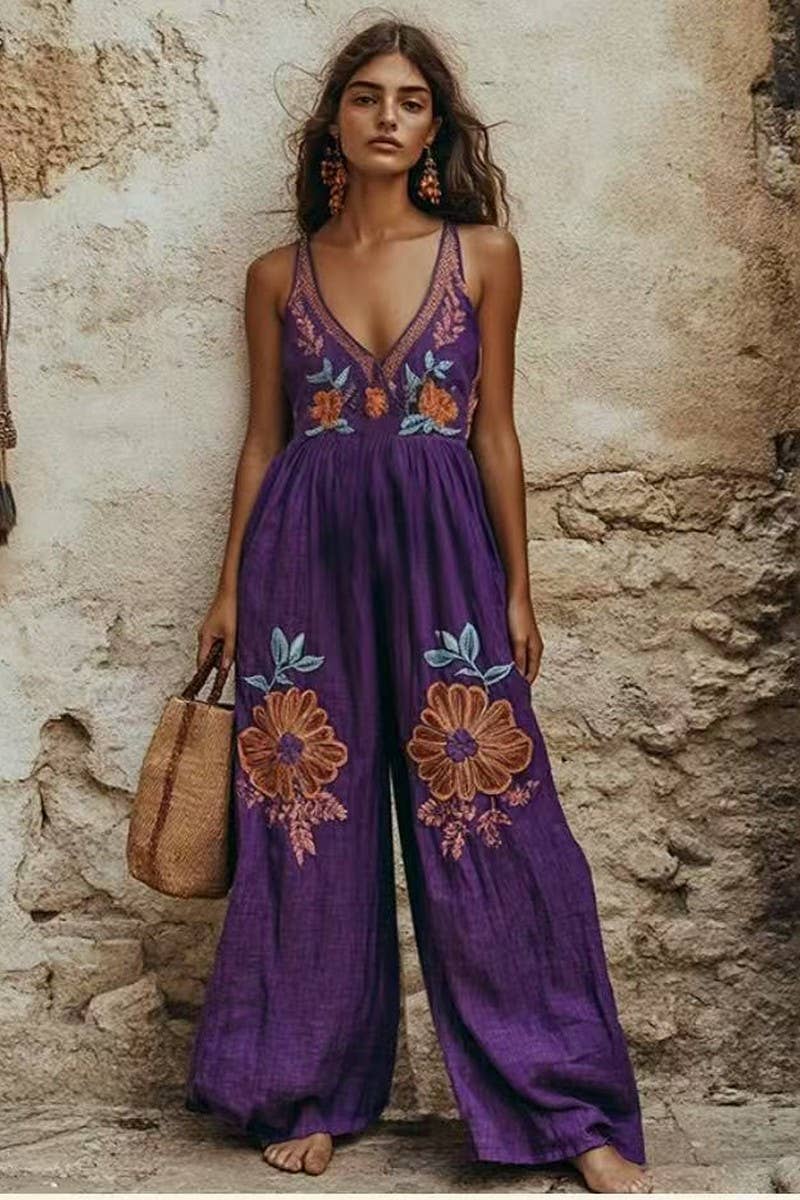 CWSJS1698_VINTAGE FLORAL COTTON LINEN STRAPPY WIDE JUMPSUIT