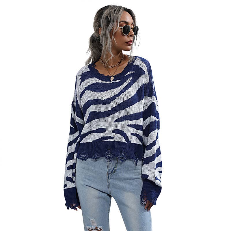CREW NECK SWEATER STRIPED SHORT STYLE SWEATER