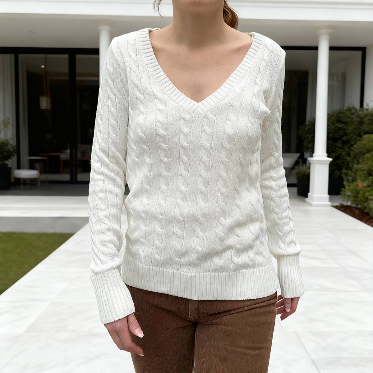 Casual simple long-sleeved V-neck woolen Sweater