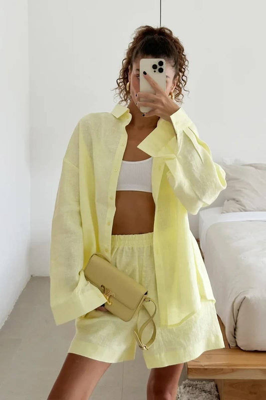 CWSTB00383_COTTON CARDIGAN LONG SLEEVE SHORTS SET