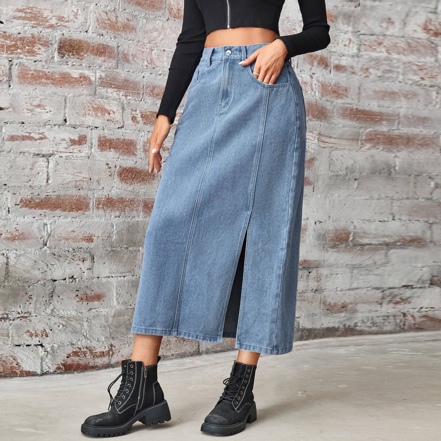 Denim wash elastic waist long slit straight skirt