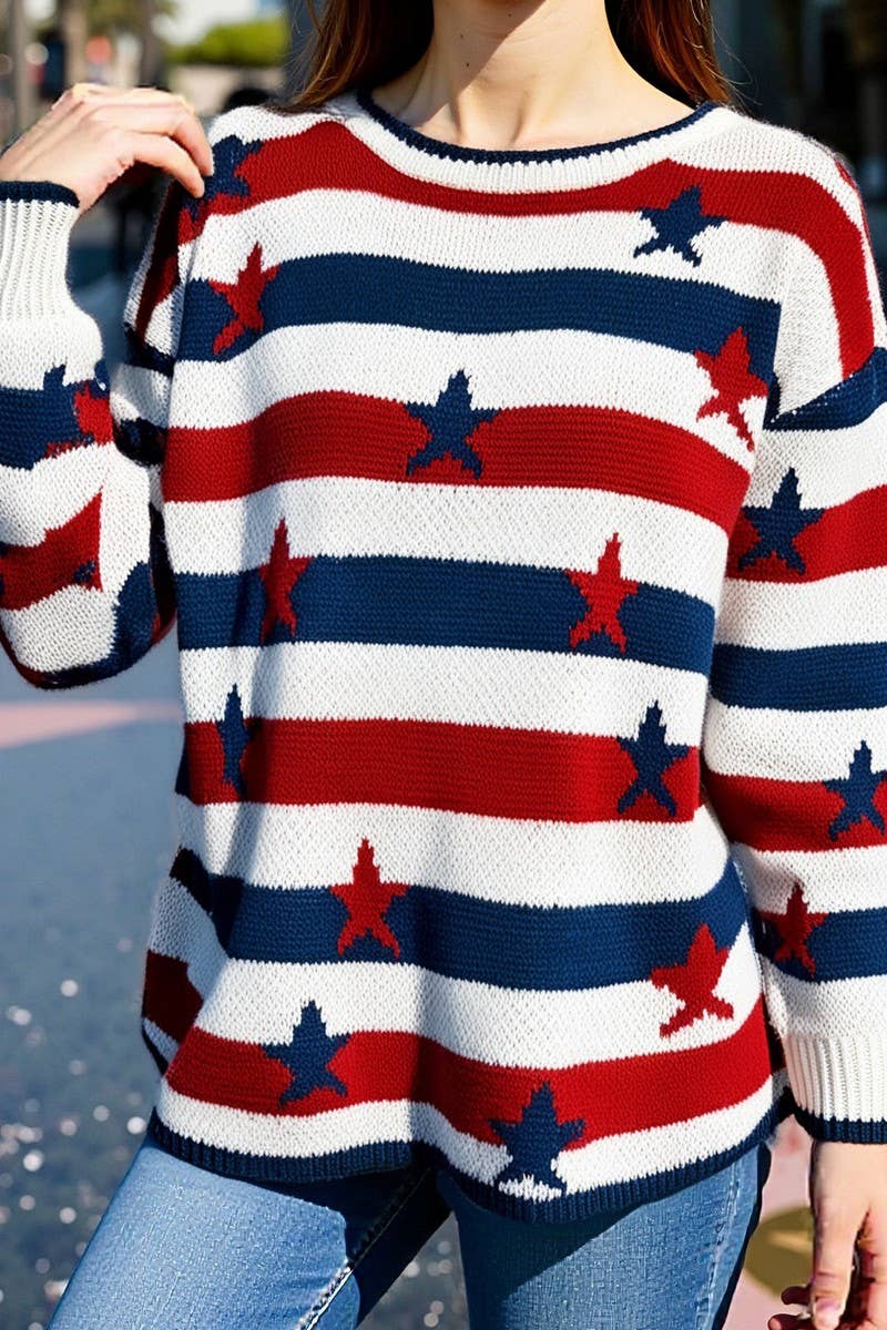 CWOSWL6951_PRINTED FLAG STRIPE OVERSIZED LONG SLEEVE SWEATER
