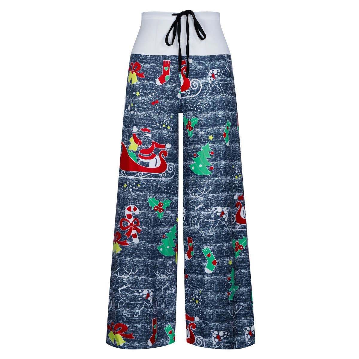 Christmas print patchwork lace-up wide-leg pants