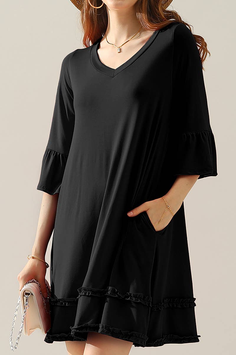 CWDSD10355_SMALL RUFFLE DETAILS 3/4 SLEEVE TIERED DRESS