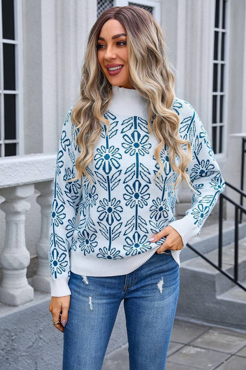 CWOSWL3108_CASUAL TURTLENECK PULLOVER FLORAL KNITTED SWEATER