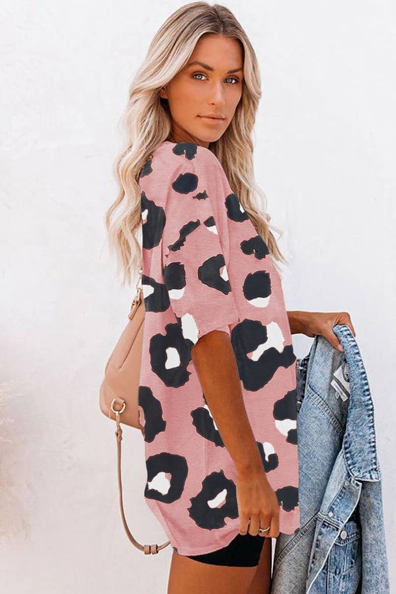 CWTBLS1245_ROUND NECK LEOPARD PRINT SHORT-SLEEVED TOP