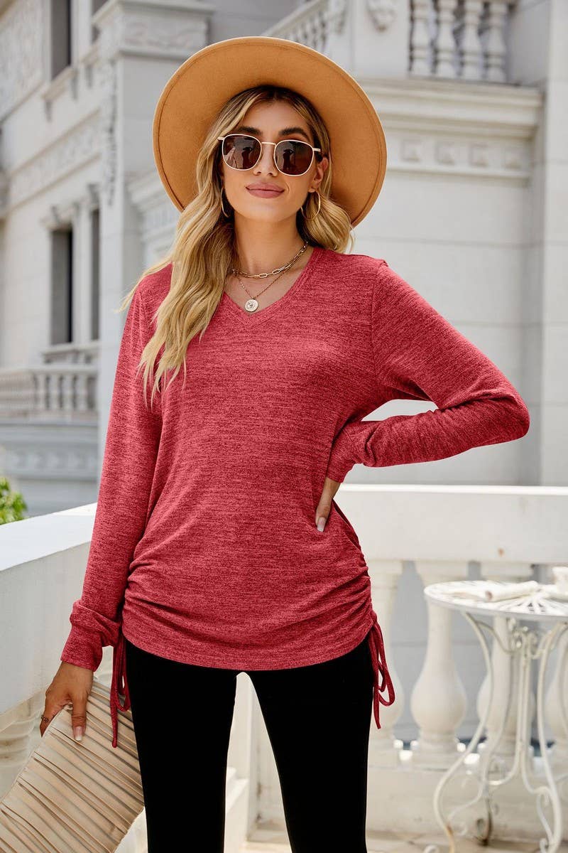 CWTBLL2405_SOLID COLOR LONG SLEEVE V-NECK PLEATED LOOSE TOP