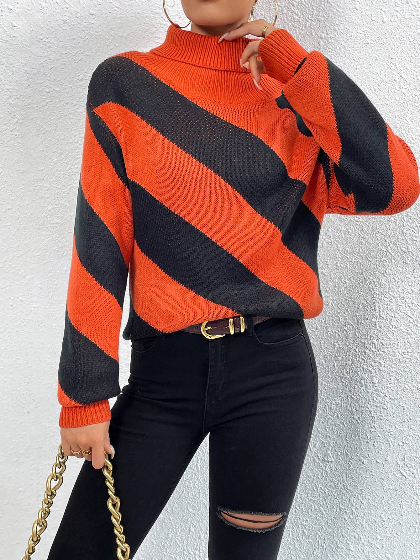 DIAGONAL STRIPED SWEATER WITH CONTRASTING COLORS
