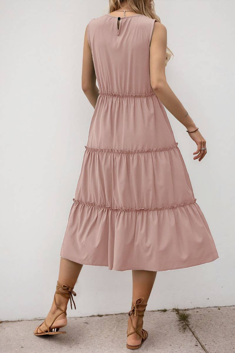 CWDMD5773_SOLID RUFFLED SLEEVELESS PLEATED MIDI DRESS