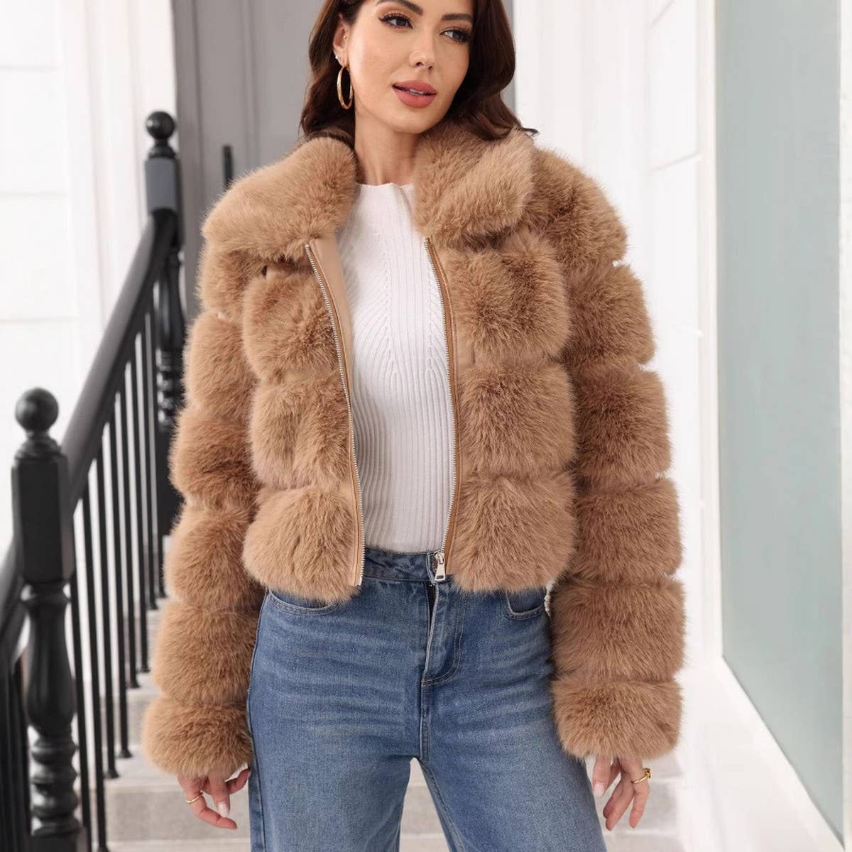 Solid Color Faux Fur Jacket Women Winter Fall_CWMM9114