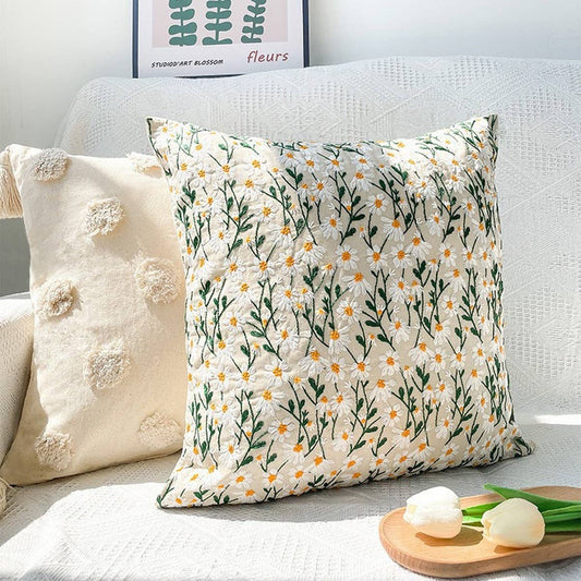 Embroidered Daisy Pillow Cover Removable RusticChic