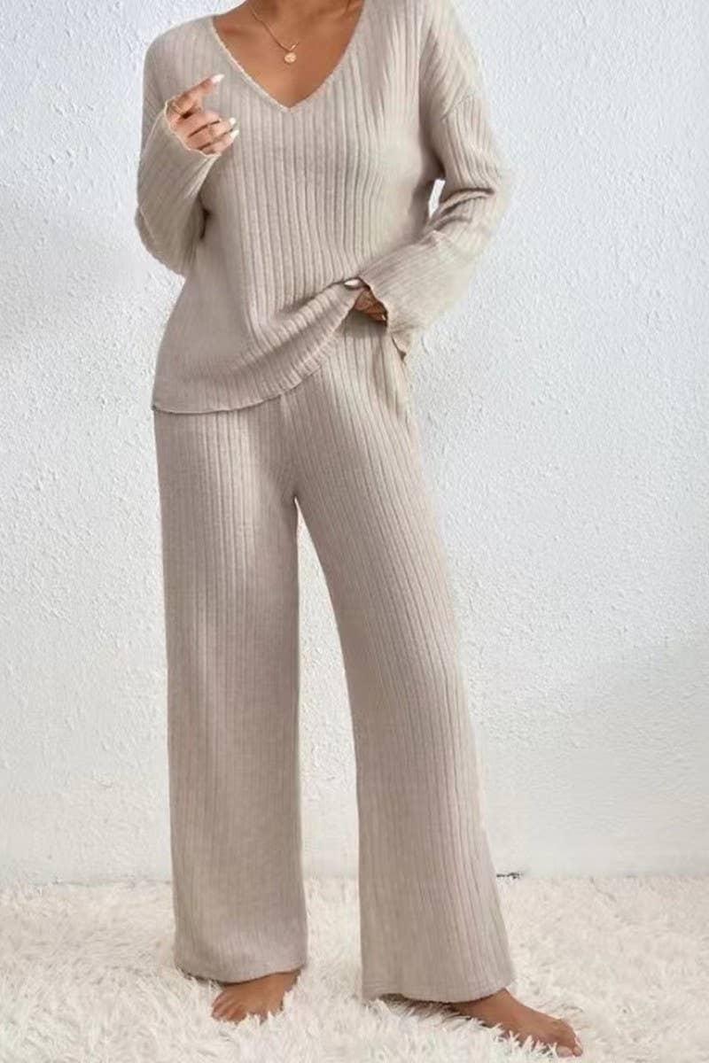 CWSTB1320_V-NECK CASUAL RIBBED BRUSHED LONG-SLEEVED SUIT