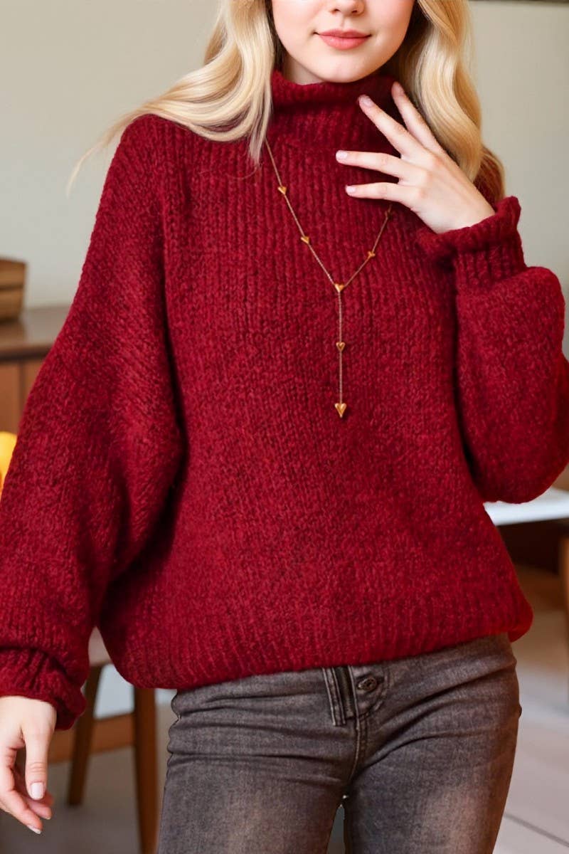 CWOSWL07058_HIGH-NECK RED LOOSE CARDIGAN KNITTED TOP