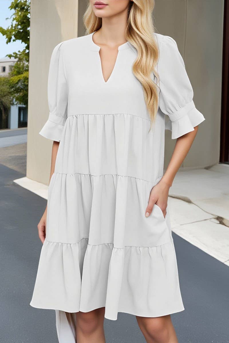 CWDSD10631_FASHIONABLE V-NECK SOLID COLOR LOOSE DRESS