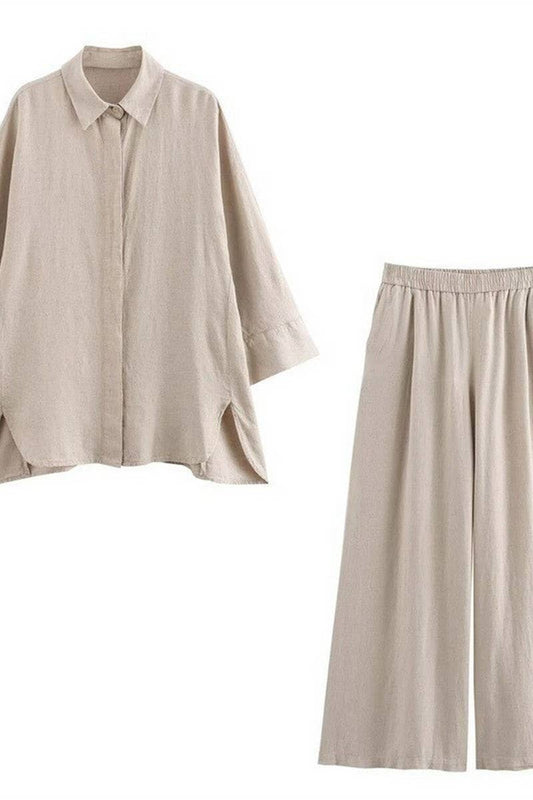 CWSTB1430_LOOSE LINEN SHIRT ELASTIC STRAIGHT TROUSERS SET