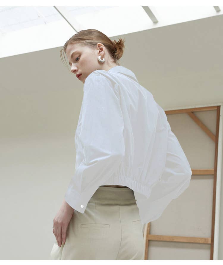 Cotton hem elastic waistband solid color shirt