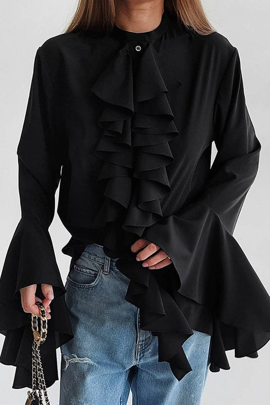 CWTBLL3342_SOLID COLOR RUFFLED LONG SLEEVE SHIRT TOP
