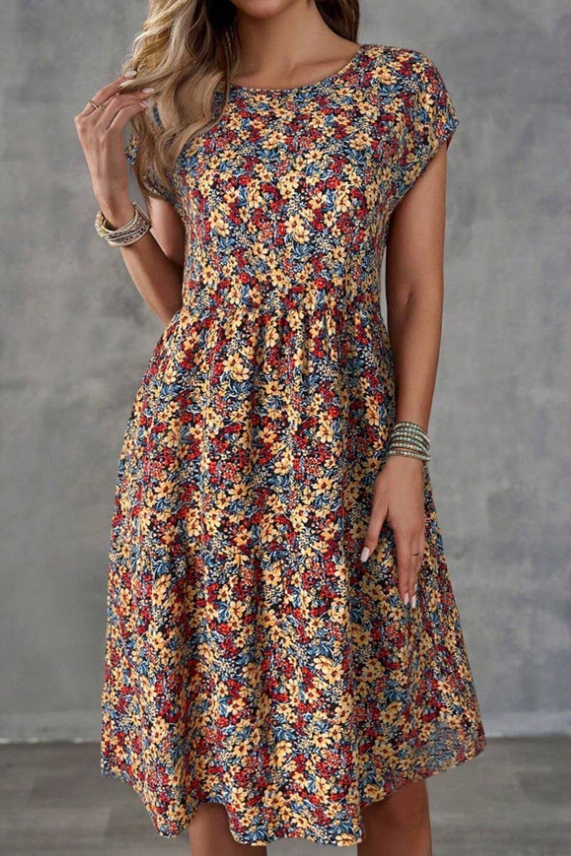CWDSD8379_PRINTED ELASTIC WAIST SHORT SLEEVE DRESS
