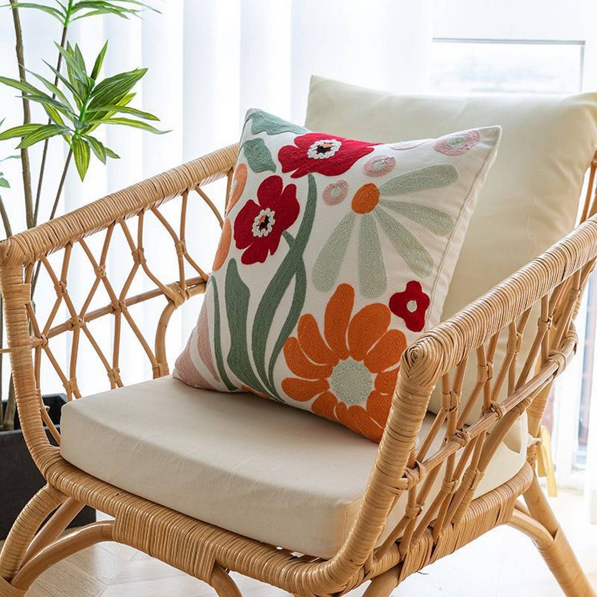 Floral Embroidered Square Pillow Cover Sofa Cushion