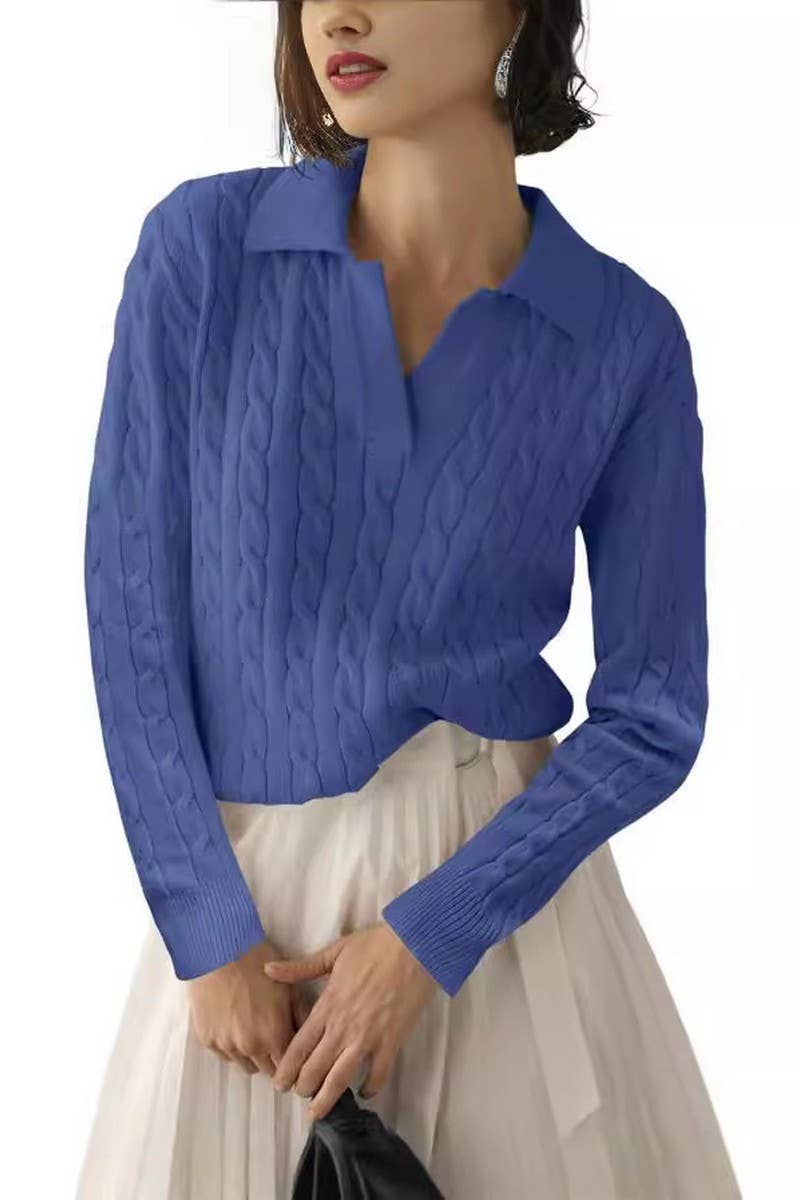 CWOSWL6382_SOLID COLOR LAPEL V-NECK CABLE KNIT PULLOVER