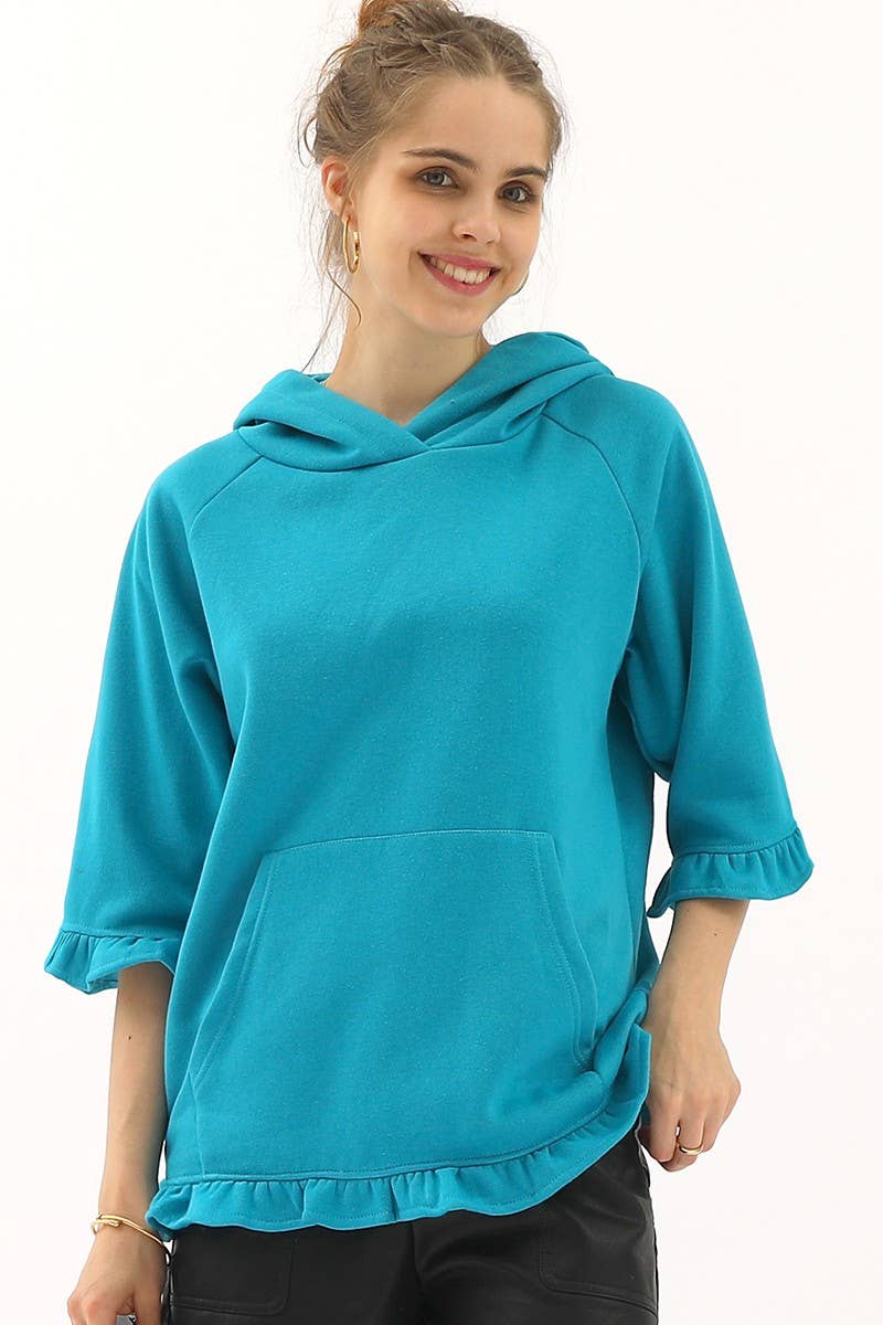 CWOHOL425_3/4 SLEEVE HOODIE SWEATSHIRT WITH KANGAROO POCKET