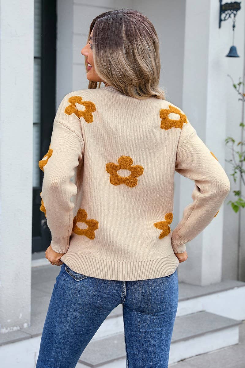 CWOSWL3110_FLORAL ROUND NECK PULLOVER LONG SLEEVE KNIT TOP