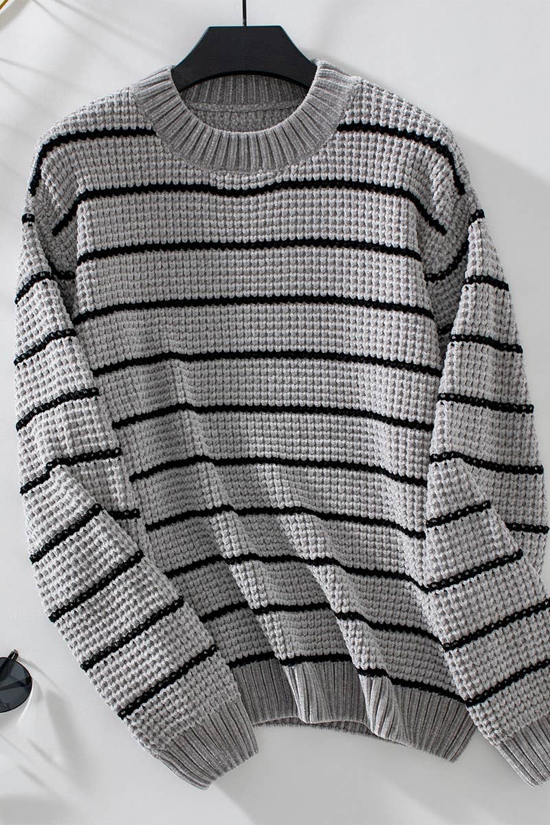 CWOSWL2910_CHENILLE CASUAL KNITTED STRIPED SWEATER