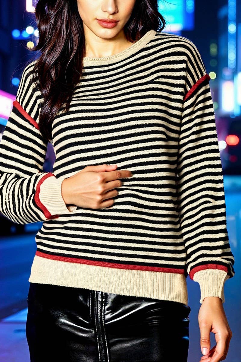 CWOSWL07084_STRIPED KNITTED CREW NECK LOOSE LONG-SLEEVED TOP