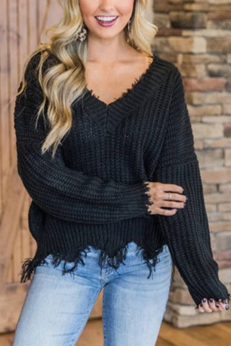 CWOSWL6324_SEXY V-NECK LONG-SLEEVED FRINGE SWEATER