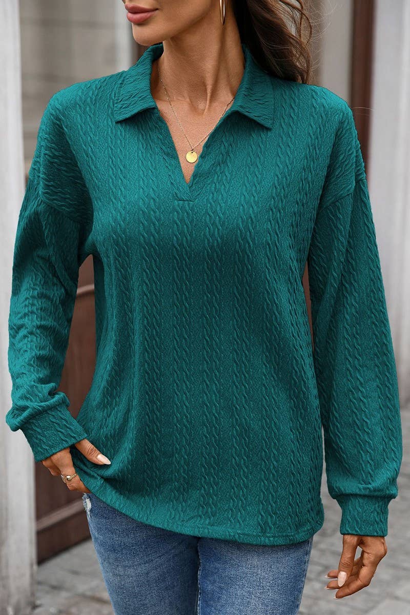 CWTBLL01307_V NECK CABLE KNIT SOLID LONG SLEEVE TEE